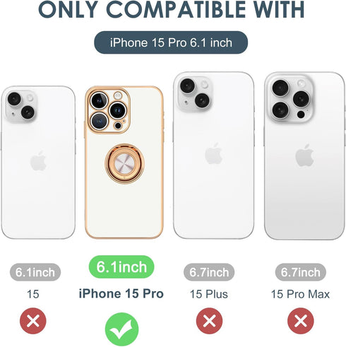 Hython Case for iPhone 15 Pro, 360° Rotatable Ring Holder Magnetic Kickstand, Rose Gold Edge Soft Cover, White
