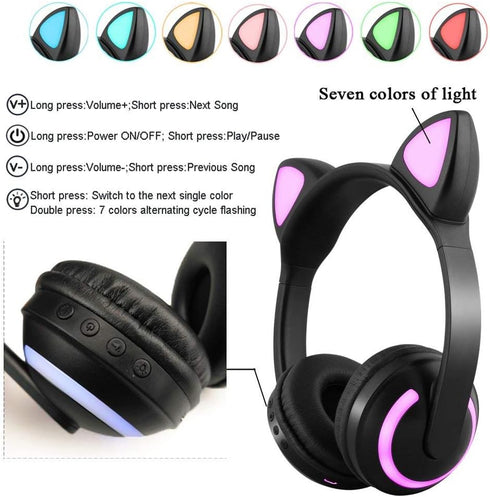 Wireless Cat Ear Headphones, Bluetooth Headset with Mic, 7 Colors LED Light Flashing, Glowing On-Ear Stereo Headset