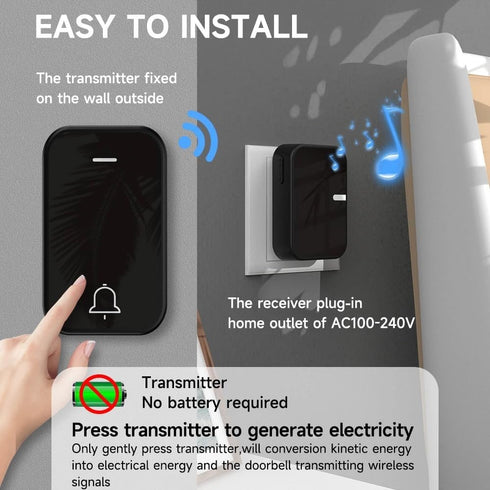 Self-Powered Push Button Wireless Digital Ring Doorbell, High Volume, 38 Ringtones, Waterproof Door Bell