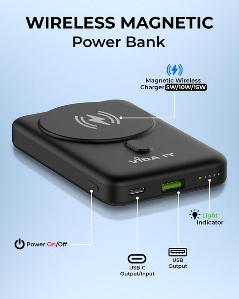 Vida IT 10000mAh Fast Wireless Portable Charger, Magnetic Power Bank for iPhone 15/14/13 Pro Max, Samsung Cell Phone,