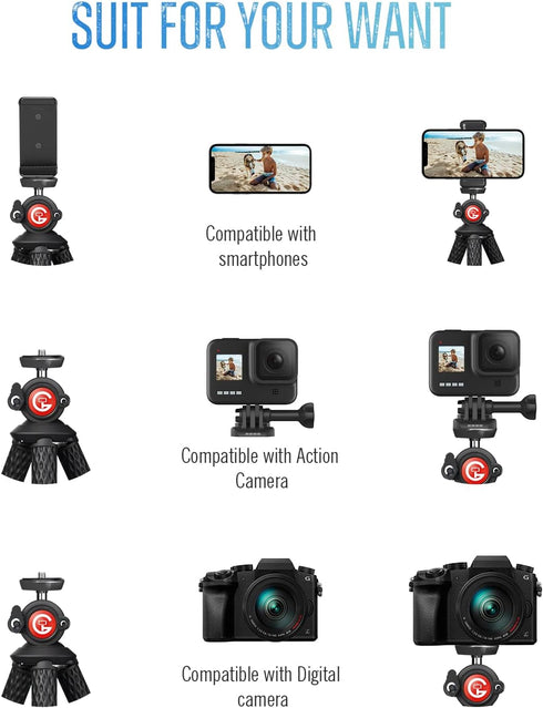 GooFoto 7 Phone Tripod, Flexible Tripod for iPhone, Android Cell Phone and Camera, Portable Small Tripod with Aluminum