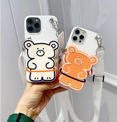 SGVAHY Cute iPhone 13 Wallet Case - Kawaii Bear White, Soft Silicone, Shockproof, with Strap Lanyard & Coin Purse.