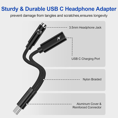USB C to 3.5mm Adapter for Samsung Galaxy S24 S23 FE S22 S21 S20 Ultra, Google Pixel 7A 8 7 6 Pro, 2 in 1 Dongle
