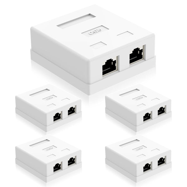 VCELINK RJ45 Surface Mount Box Shielded 2-Port, Compatible with UTP Cat6/Cat5e/Cat5 Network Cables, 5-Pack, White