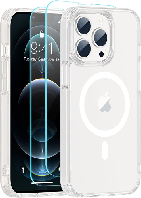 SUPFINE iPhone 12 Pro Max Clear Case, Ultra Slim, Compatible with MagSafe, Never Yellow with 2X Tempered Glass Protector