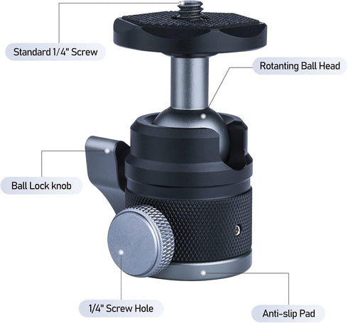 Mini Ball Head with 1/4" Screw, 3/8" Thread Mount Adapter, 360 Degree Rotatable Aluminum Tripod Head for DSLR, Max Load