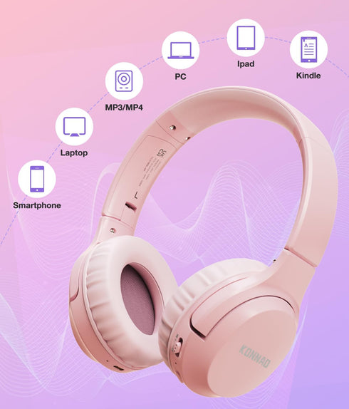 Kids Wireless Headphones 60H, Foldable On Ear Headphone with MIC, Volume Limiter 85dB/94dB for School, Pink
