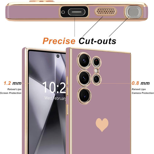 Teageo for Samsung Galaxy S24 Ultra 5G Case for Women Girl Cute Love-Heart Luxury Soft Back Cover Raised Full Camera Protection Bumper Silicone Shockproof Phone Case for Galaxy S24 Ultra, Lavender