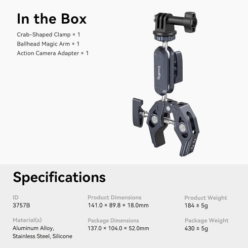 SMALLRIG Ballhead Magic Arm with Clamp and Adapter, Camera Mount Clamp for Gopro, Monitor Mount with 1/4"-20, 3/8"-16