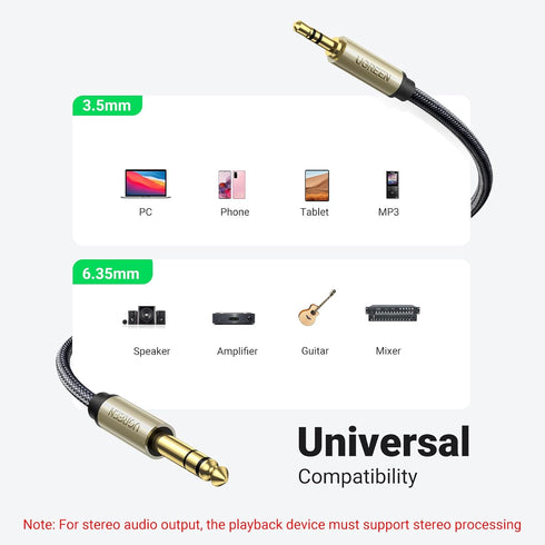 1/8 1/4 3.5mm 6.35mm 16FT UGREEN to Stereo Cable TRS to Audio Cable Guitar to Aux Male Cord with Zinc Alloy Housing