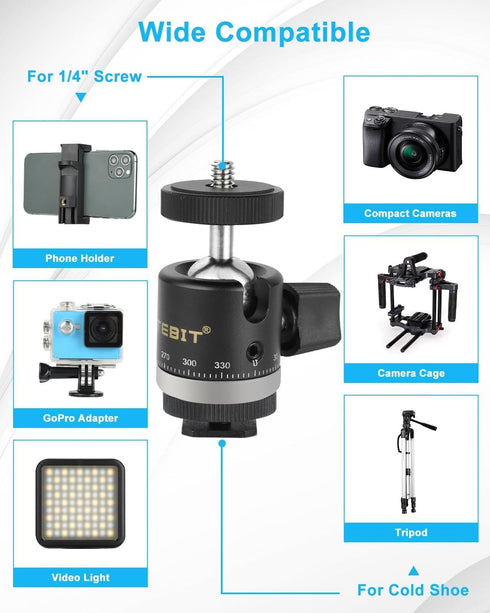 UTEBIT 1/4" Mini Ball Head, Panoramic Tripod Head with Camera Hot Shoe Mount DSLR Camera Mount Adapter Photograph