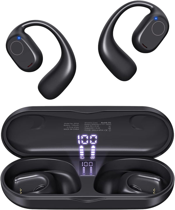 PSIER Open Ear Bluetooth 5.3 Sports Headphones, Wireless Earbuds with Digital Display Charging Case, 40 Hours Playtime