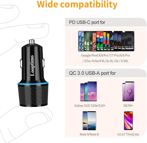 Fast USB C Car Charger, Compatible with Google Pixel 8/7/6/5, 30W Power Delivery & Quick Charge, Type C Cable