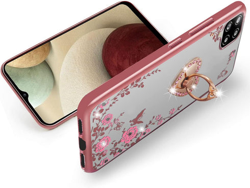 B-wishy Glitter Crystal Butterfly Heart Floral Case for Samsung Galaxy A12 5G, Slim Luxury Bling TPU with Ring Grip