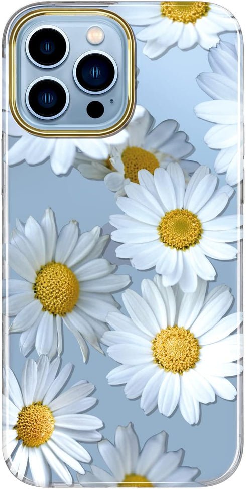 BAISRKE Clear Floral Pattern Case for iPhone 13 Pro, Shockproof Hard Back Cover for Girly Women, 6.1 inch, Daisies