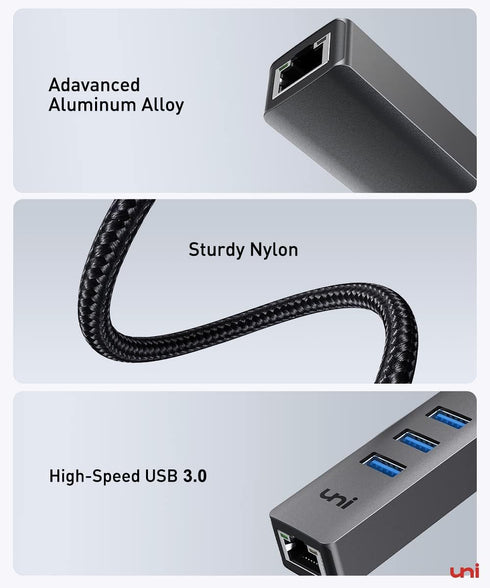 uni USB to Ethernet Adapter, USB 3.0 Hub with 100/1000 Mbps RJ45 Ethernet, 4-in-1 USB-A to LAN Network Adapter