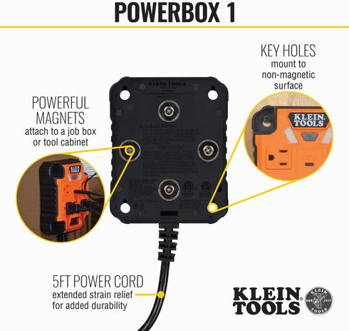 Klein Tools 29601 Magnetic Power Strip with Surge Protector, 4 Outlets, 3 USB Ports, 5-Foot Cord