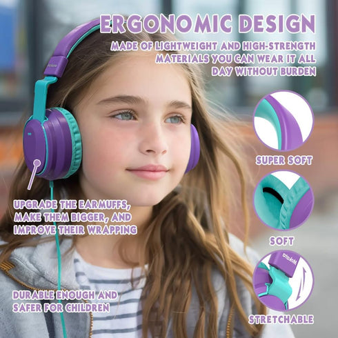 Headphone Kids Volume Limited 85/96dB, Wired Over-Ear/On-Ear Foldable Headset with Inline Cable Aux 3.5mm Cord Mic for