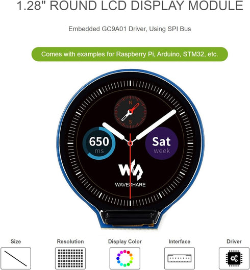 waveshare 1.28inch 240240 65K 4B/3B+/3B/2B/Zero/Zero STM32,Embedded GC9A01 Round LCD Display Module Resolution RGB LCD
