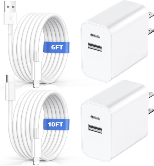 USB C Charger Block 10ft&6ft Compatible with iPhone Fast Charger, Upgrade 2Pack Wall Charger with 10ft Type C to A &
