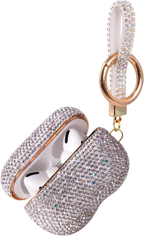 Sparkly Diamond Case for AirPods Pro 1&2 Generation, Premium Bling Rhinestone Cover Skin with Keychain (White AB Gold)
