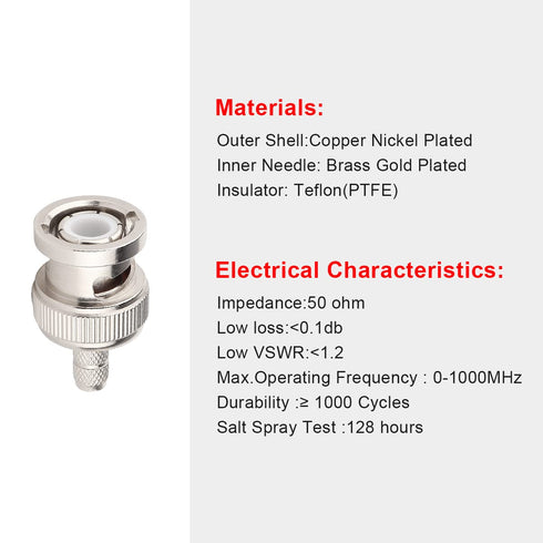 10 Pack 50 Ohm BNC Male Crimp Connector for RG58/RG142/RG400/LMR195/KSR195/3D-FB Cable