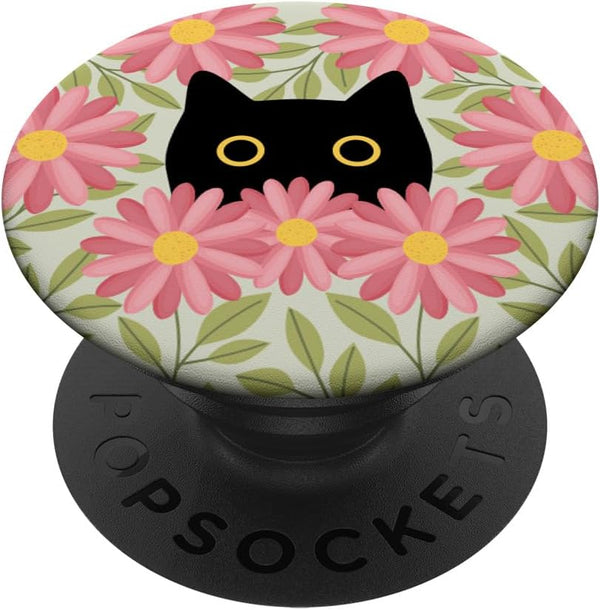 Pink Cute Daisy Flower Black Cat Sage Green Standard PopSockets PopGrip