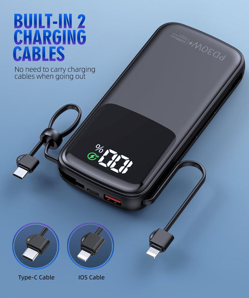 UYAYOHU Portable Charger 15000mAh, Fast Charging Battery Pack with Built-in AC Wall Plug and 2 Output Cables, LED