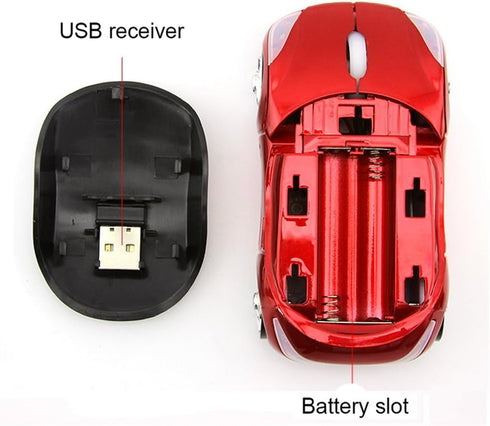 2.4GHz Wireless Mouse Cool 3D Sport Car Shape Ergonomic Optical Mice for PC Laptop Women Small Hands (Red)