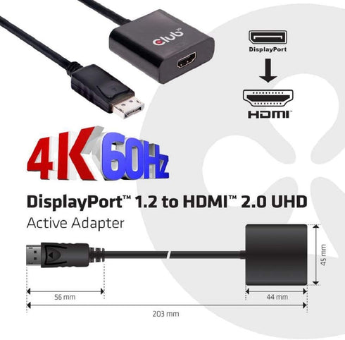 Club 3D CAC-2070 Active Adapter, DisplayPort 1.2 to HDMI 2.0 UHD M/F