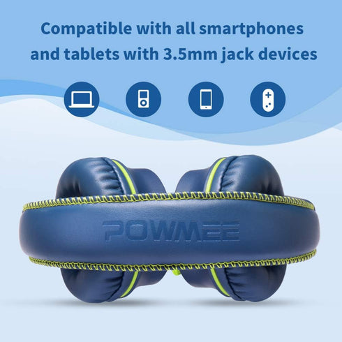 POWMEE M2 Kids Headphones - Foldable, Adjustable, Tangle-Free, 3.5MM Jack, On-Ear, Blue for School, Travel & More.