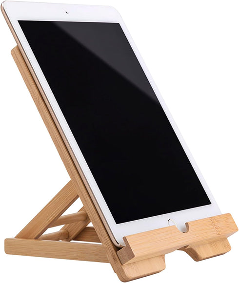 Bamboo Tablet Stand Holder, Adjustable Folding Wood iPad Stand with Chargeable Hole for Desk iPad Cooking Stand
