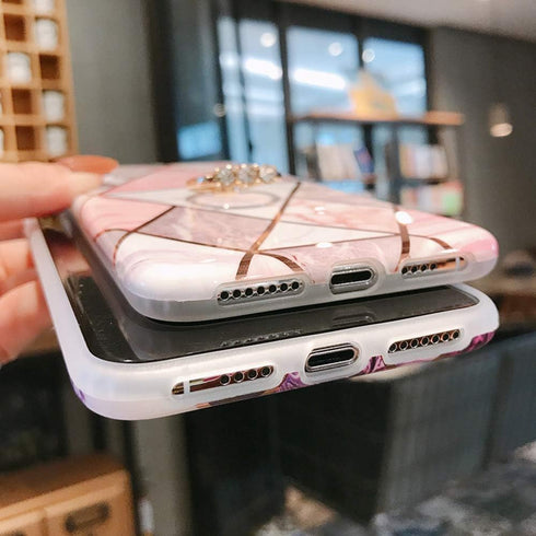 Qokey Compatible iPhone X/iPhone Xs Case 5.8 inch, Marble Cute Fashion with 360 Degree Rotating Ring Kickstand, Bling