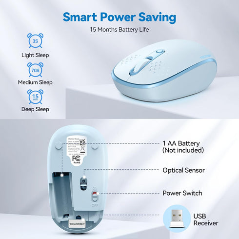 TECKNET Wireless Mouse, 2.4G Quiet Computer Mouse with USB Receiver, Portable Cordless Mice for Chromebook, Laptop, Blue