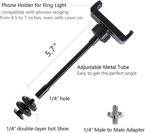Leenconghui 1/4"-20 Universal Phone Holder for Ring Light, and Hot Shoe Adapter, Flexible Phone Mount for Ring Light