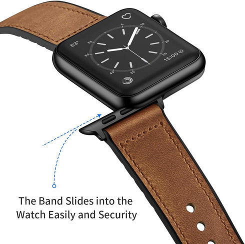OUHENG Compatible Apple Watch Band 42mm 41mm 40mm 38mm, Sweatproof Genuine Leather and Rubber Hybrid Strap - Brown/Black