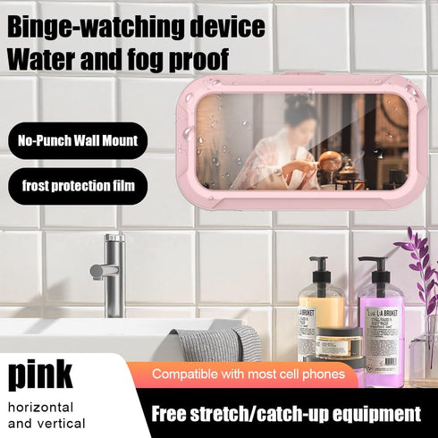 Waterproof Phone Case Bathroom Folding Holder, 360 Degree Rotating Wall Mounted Mobile Phone Case, Pink