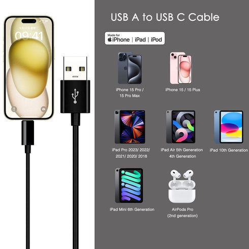 iPhone 15 Car Carplay Cable, USB A to USB C Cable for iPhone 15, 15 Pro Max, 15 Plus, iPad 10th Gen, iPad Pro 12.9/11, iPad Air 5th/ 4th Gen,Mini 6th Gen Charger Cord, Car Charging Cable (3.3ft Black)