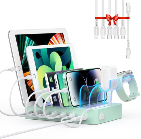 SooPii 60W/12A 6-Port Charging Station - PD 20W USB C Fast Charging for iPhone 14/13/12, 6 Short Cables Included