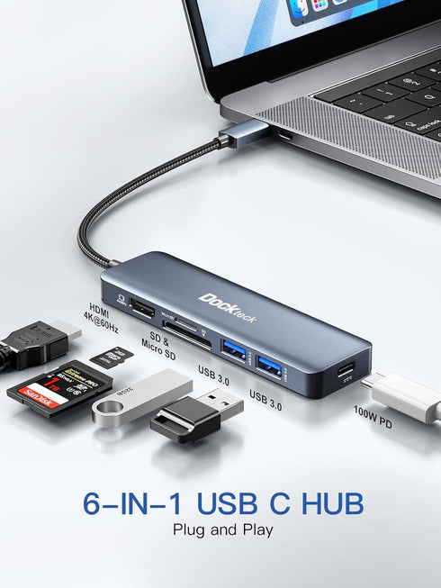 USB C Hub Multiport Adapter - Dockteck 6 in 1 USB C Dock with 100W PD, 4K 60Hz HDMI, USB 3.0, SD/TF Card Reader