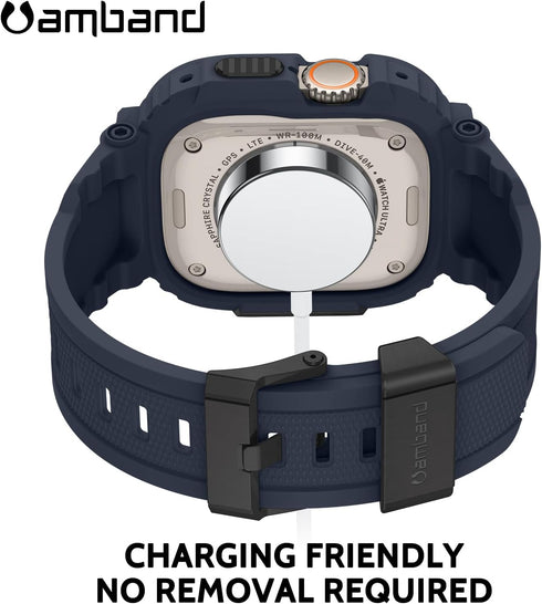 amBand Case Screen Protector Bands Compatible with Apple Watch Ultra 2/1 49mm, Navy Blue Rugged Cover Strap & 9H Glass