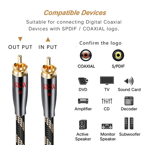 SKW Subwoofer Cable RCA to RCA, Ultra-high Purity Copper for HiFi Systems, 9.8ft/3M