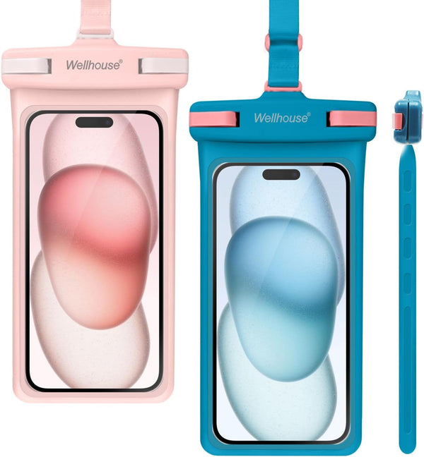wellhouse Waterproof Phone Pouch, IPX8 Cellphone Dry Bag for iPhone 15 14 13 12 Pro Max, 2 Pack Blue+Pink