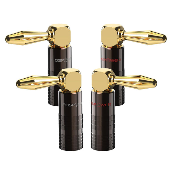 FosPower Right Angle Banana Plugs, 2 Pairs / 4 pcs, 24K Gold Plated Speaker Plug Connectors for Audio Systems