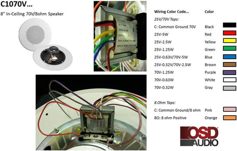 OSD Audio 8" Commercial 70V Ceiling Professional Speakers, White, Single C1070