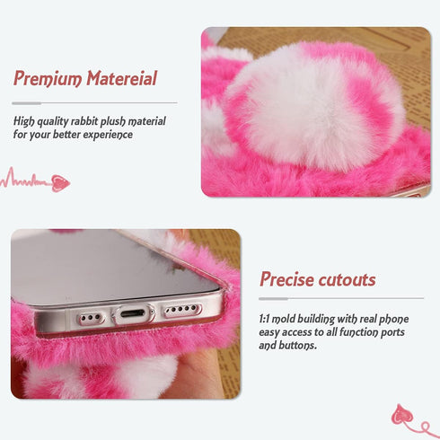 Pink Fluffy Fur Plush Case for A11, Cute Spotted Bunny 3D Animal Fuzzy Protective Cover, Kawaii Toy Fun Women Phone