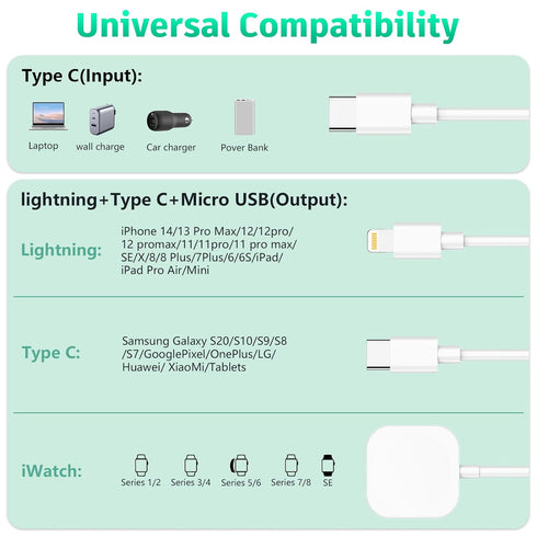 USB C 100W Multi 3-in-1 Fast Charge Cable, Apple Smart Watch Charger, Lightning + Type-C Combo, 6FT