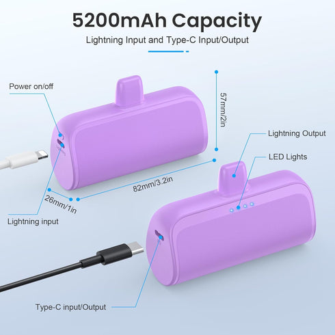 Mini Portable Charger Power Bank for iPhone, 5200mAh PD Fast Charging Battery Pack, Compatible with iPhone