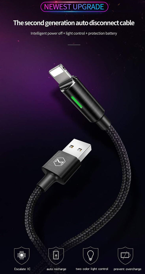 mcdodo 6FT/1.8M Smart LED USB Data Cable: Auto Disconnect & Recharge, Nylon Braided, Compatible with New Phones (Black)