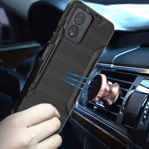 TJS Boost Celero5G SC 2024 Case, Hybrid Shockproof Metallic Brush Finish with Tempered Glass Screen Protector, Black